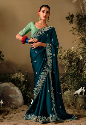 Hand Embroidered Dola Silk Saree in Teal Blue