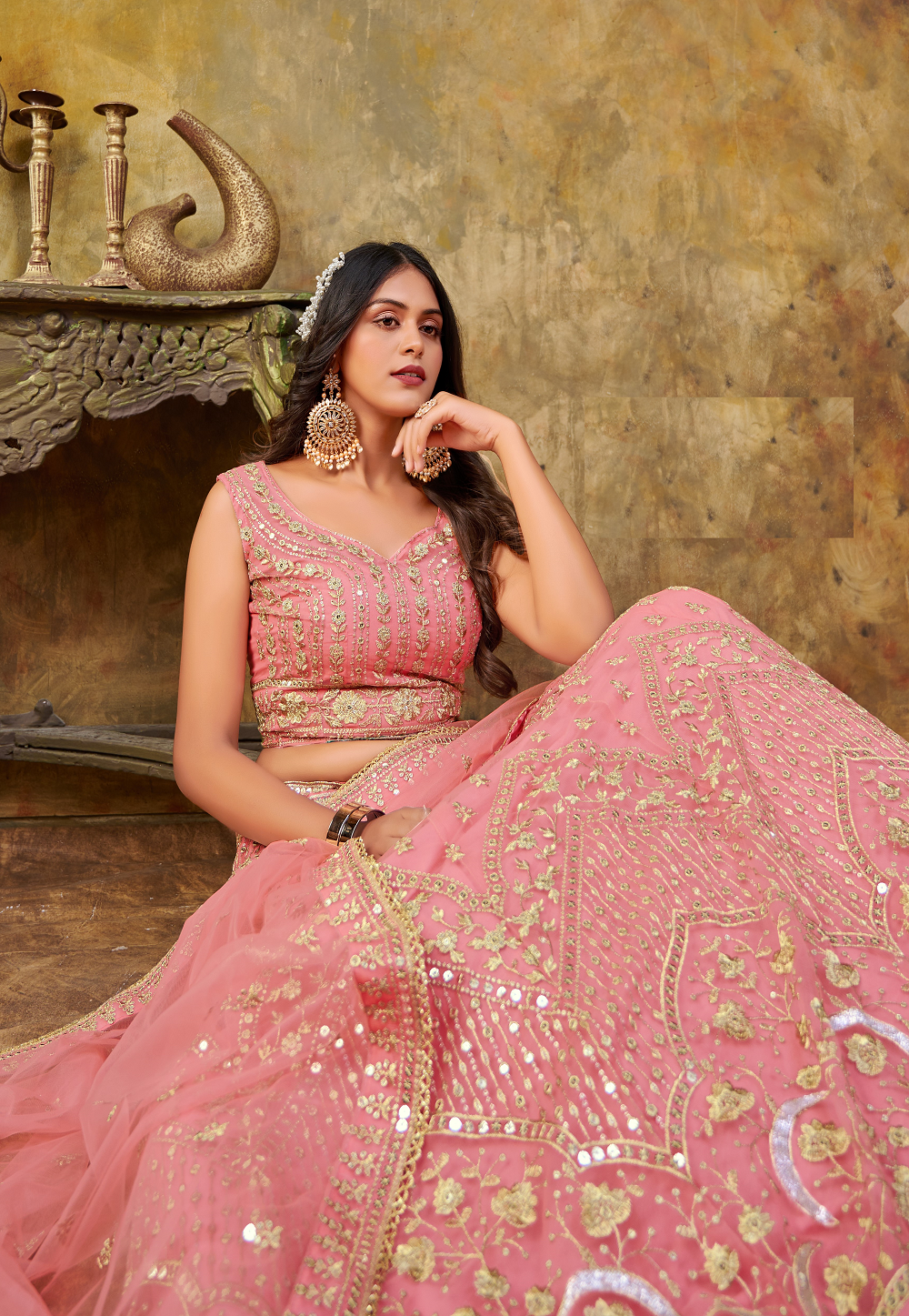 Net Embroidered Lehenga in Pink