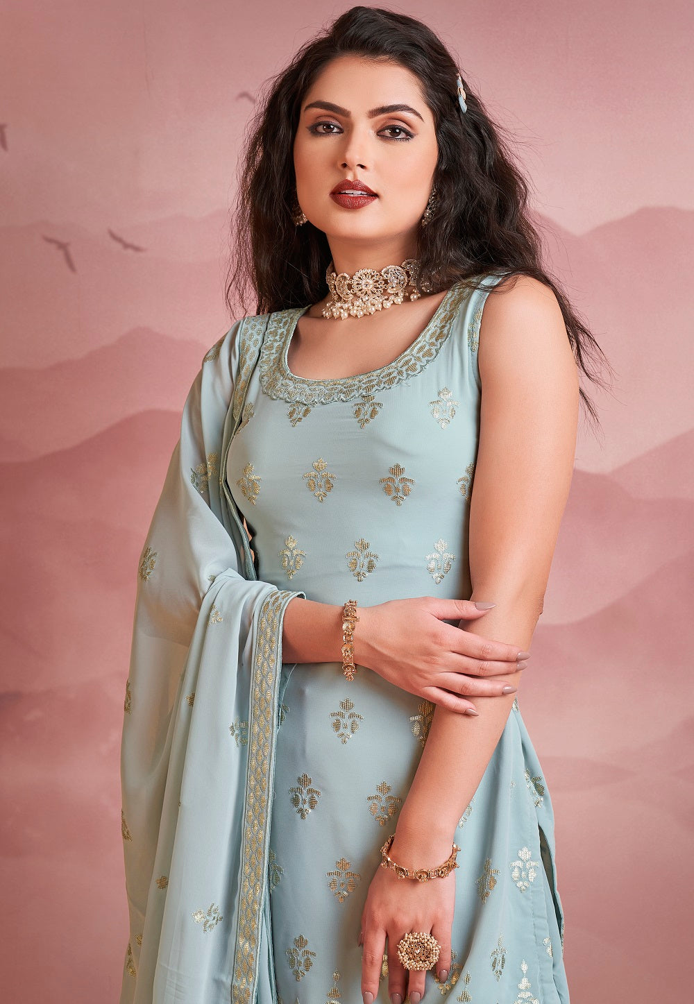 Georgette Embroidered Pakistani Suit in Sky Blue