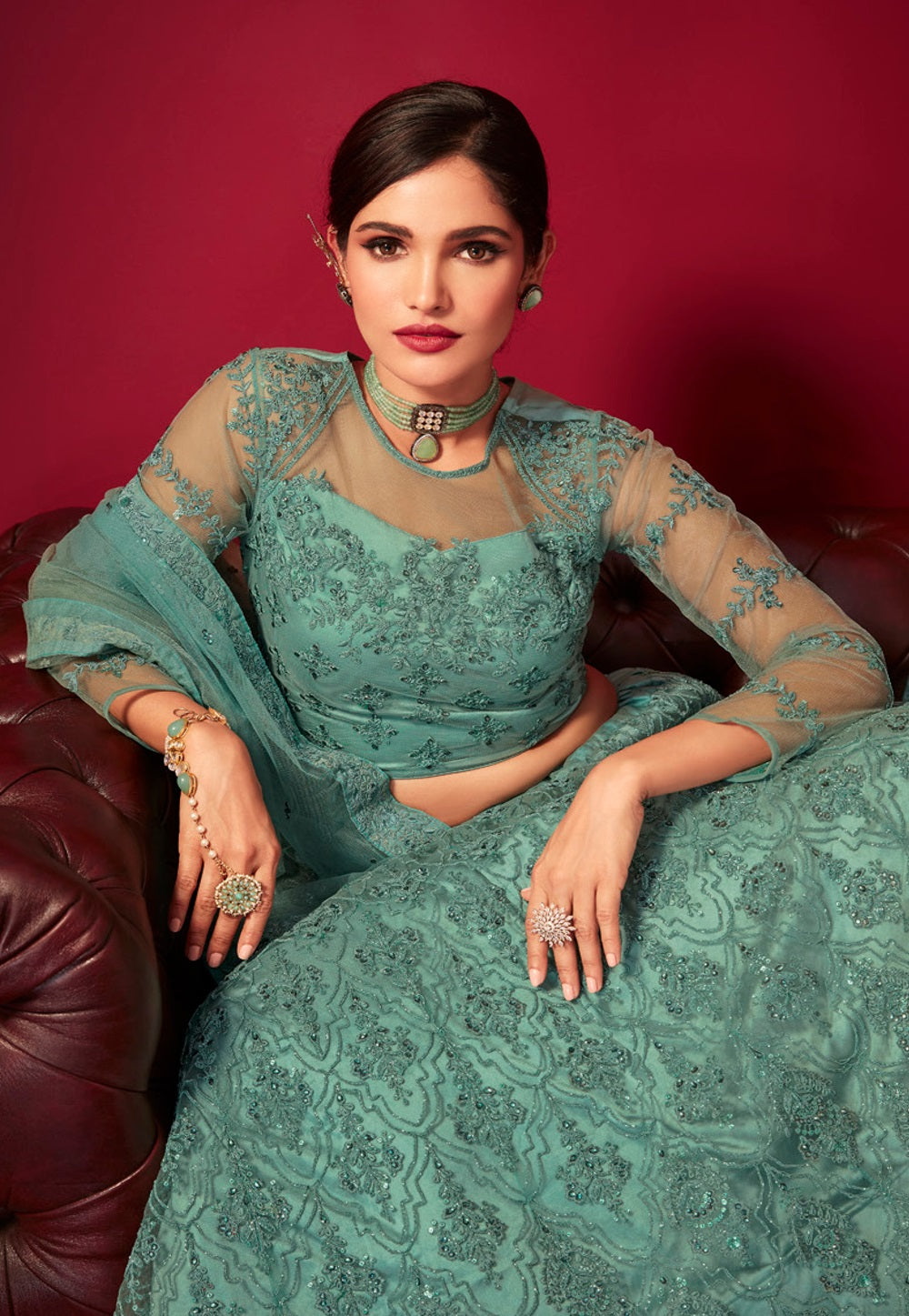 Net Embroidered Lehenga in Teal Green