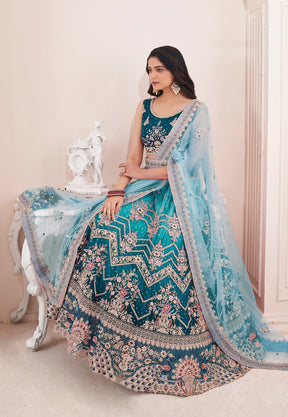Art Silk Embroidered Lehenga in Shaded Blue and Turquoise