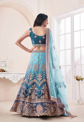 Art Silk Embroidered Lehenga in Shaded Blue and Turquoise