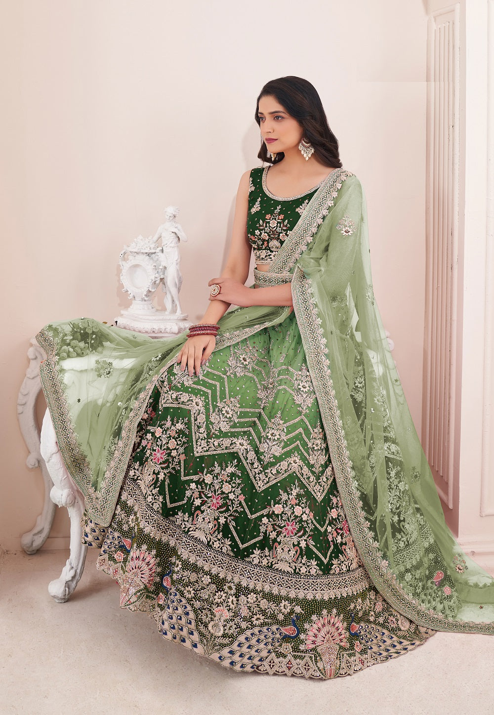 Net Embroidered Lehenga in Shaded Green