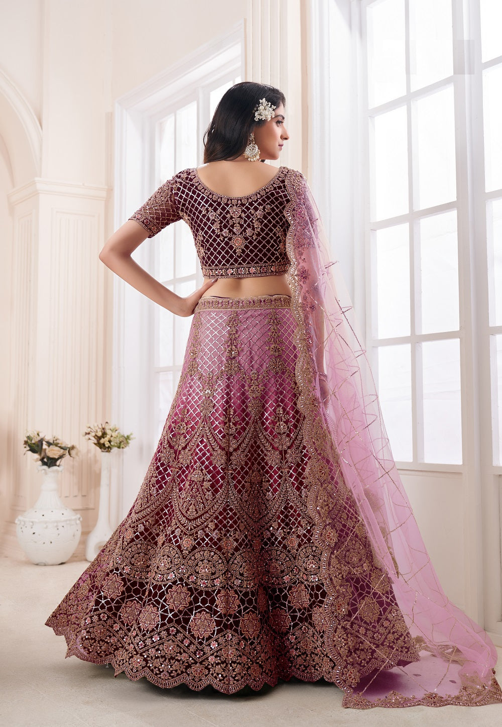 Art Silk Embroidered Lehenga in Shaded Wine and Pink