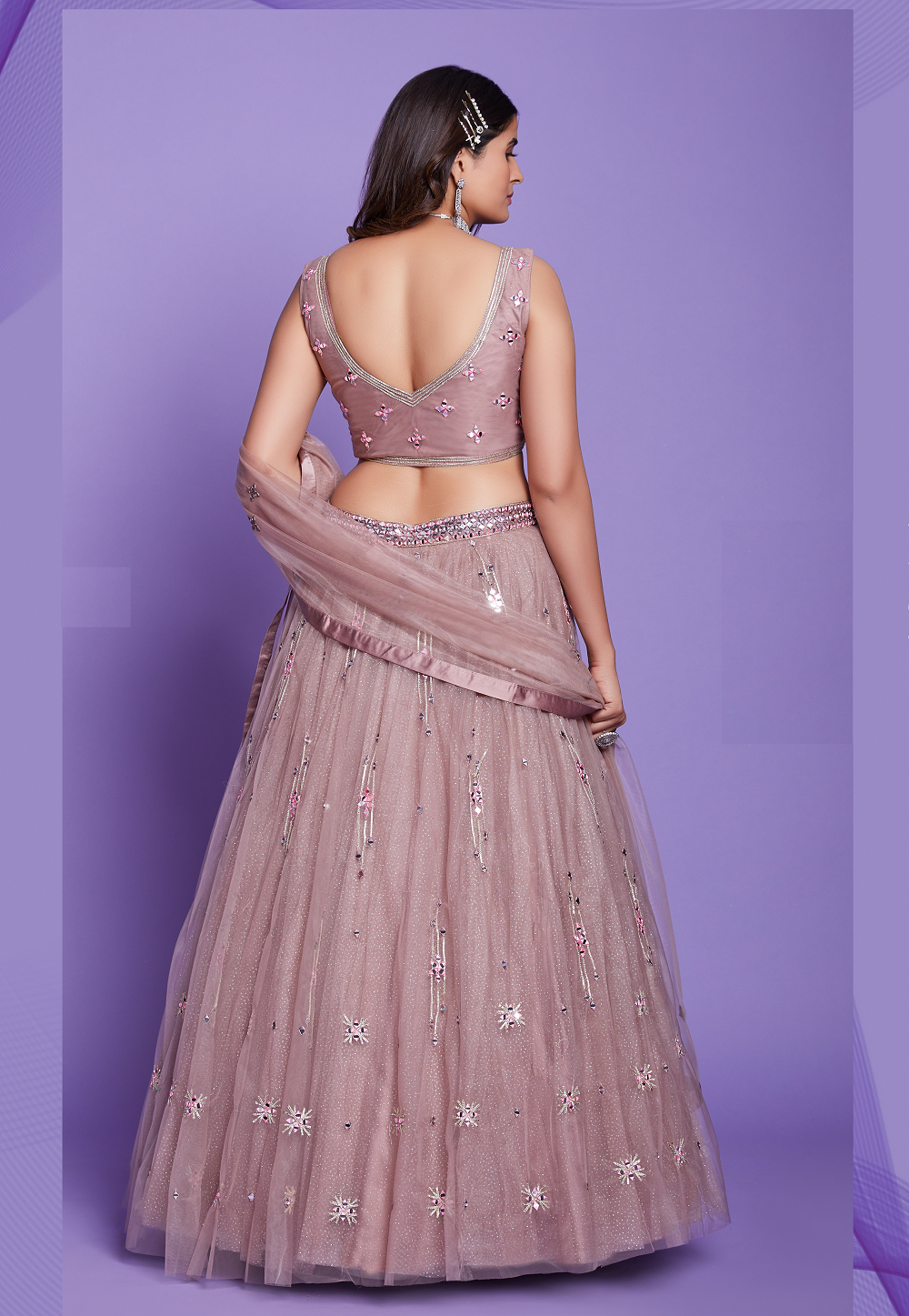 Net Embroidered Lehenga in Old Rose