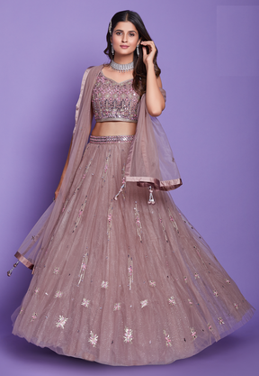 Net Embroidered Lehenga in Old Rose