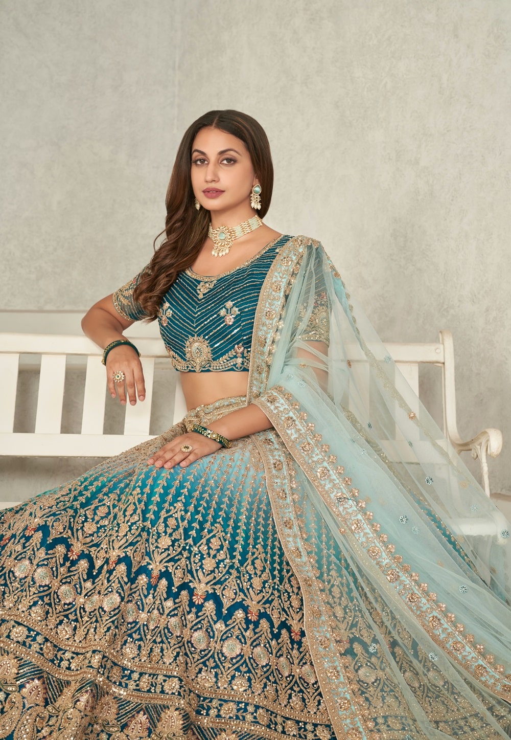Net Embroidered Lehenga in Shaded Blue