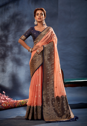 Kora Silk Woven Saree in Peach