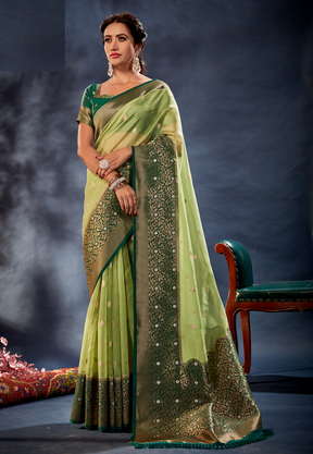 Kora Silk Woven Saree in Light Green