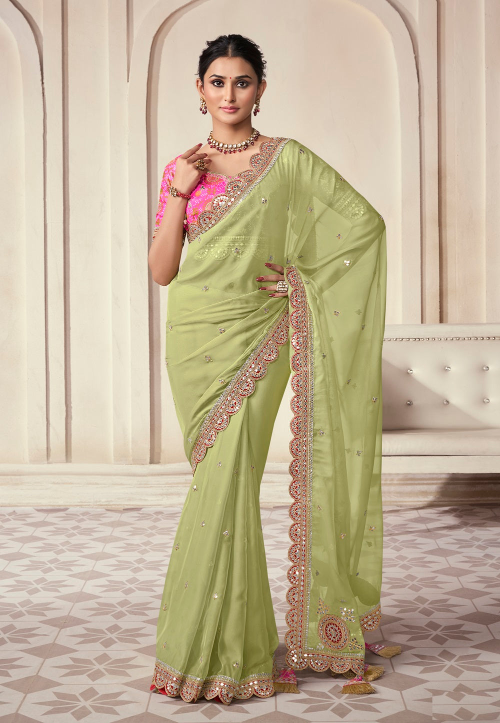 Hand Embroidered Organza Saree in Light Green