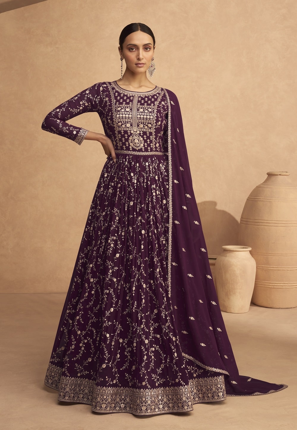 Georgette Embroidered Abaya Style Suit in Dark Purple