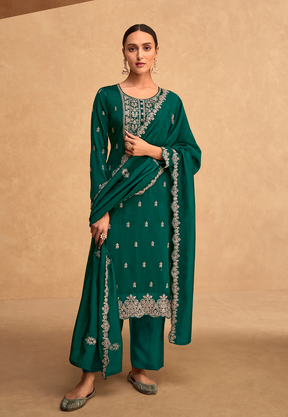 Art Silk Embroidered Pakistani Suit in Green