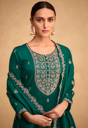 Art Silk Embroidered Pakistani Suit in Green