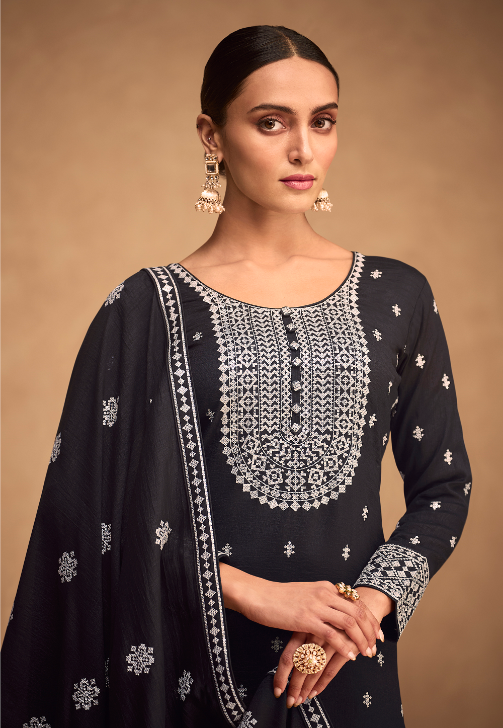 Art Silk Embroidered Pakistani Suit in Black
