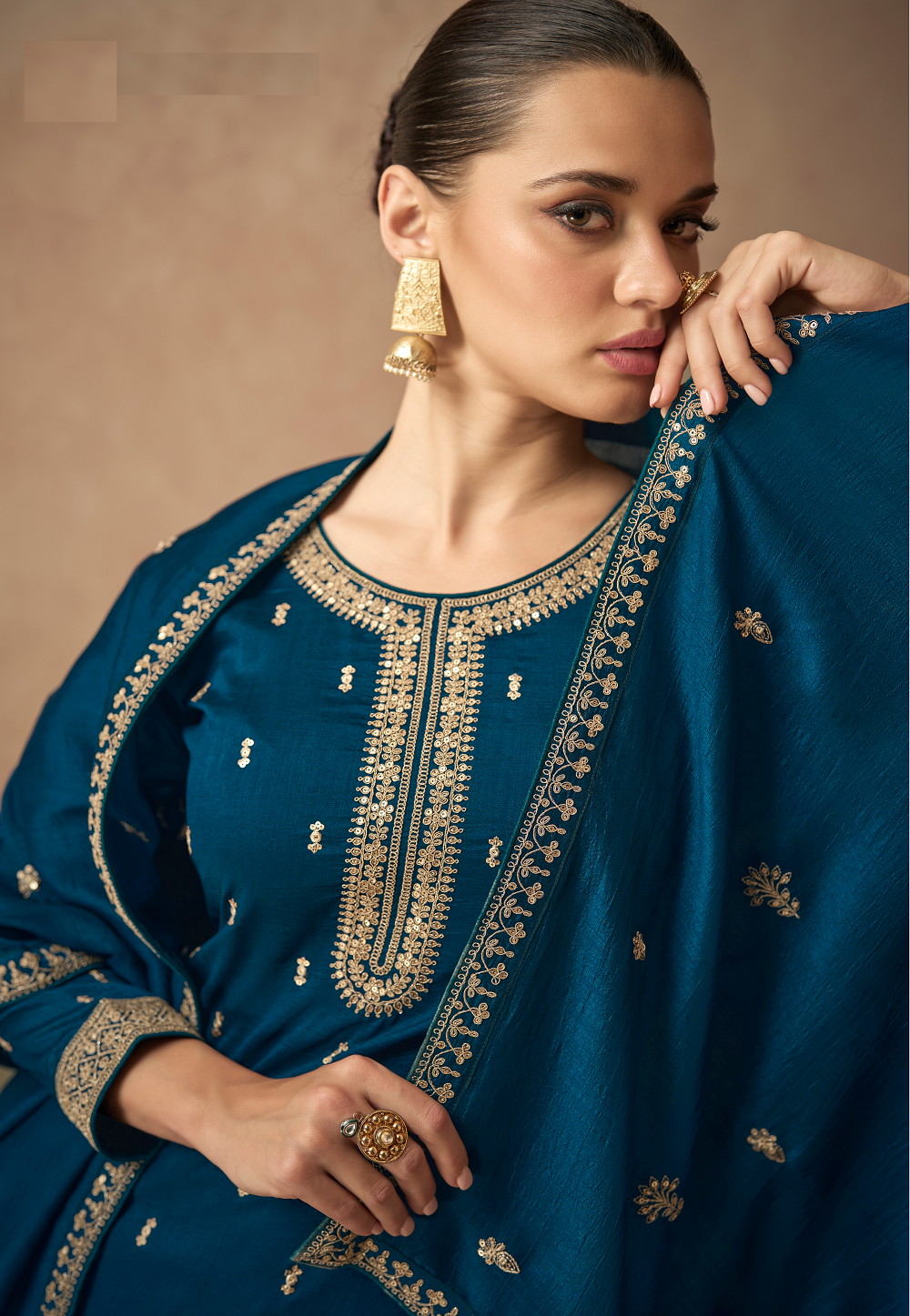 Art Silk Embroidered Pakistani Suit in Teal Blue