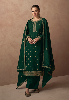 Art Silk Embroidered Pakistani Suit in Dark Green