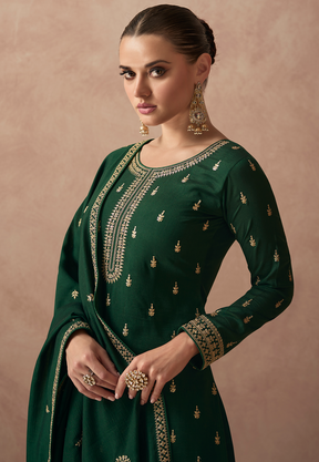Art Silk Embroidered Pakistani Suit in Dark Green