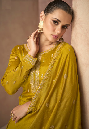 Art Silk Embroidered Pakistani Suit in Mustard