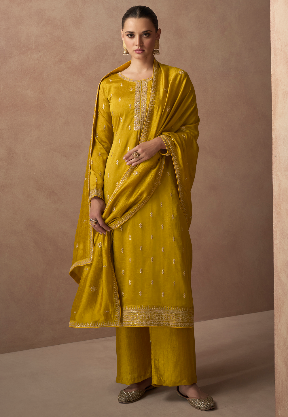 Art Silk Embroidered Pakistani Suit in Mustard