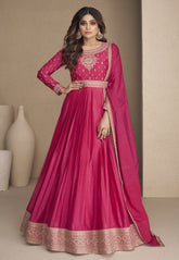Chinon Silk Embroidered Abaya Style Suit in Fuchsia