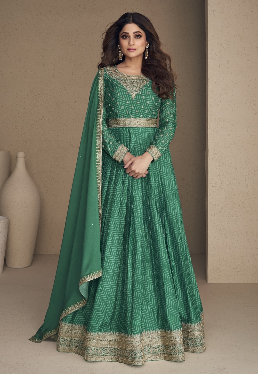 Chinon Silk Embroidered Abaya Style Suit in Green