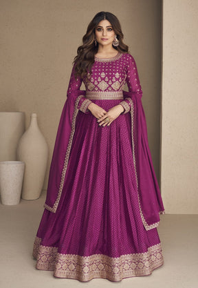 Chinon Silk Embroidered Abaya Style Suit in Purple