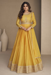 Chinon Silk Embroidered Abaya Style Suit in Yellow