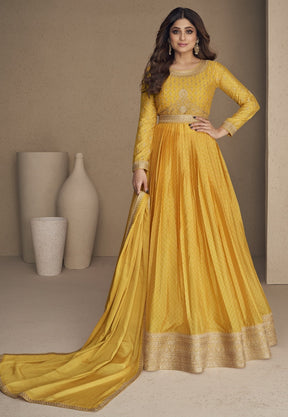Chinon Silk Embroidered Abaya Style Suit in Yellow