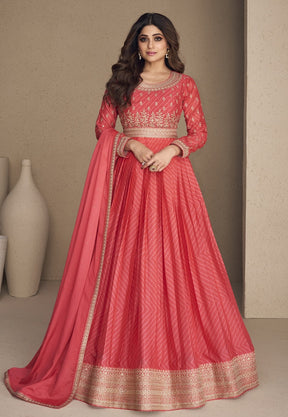 Chinon Silk Embroidered Abaya Style Suit in Coral Pink
