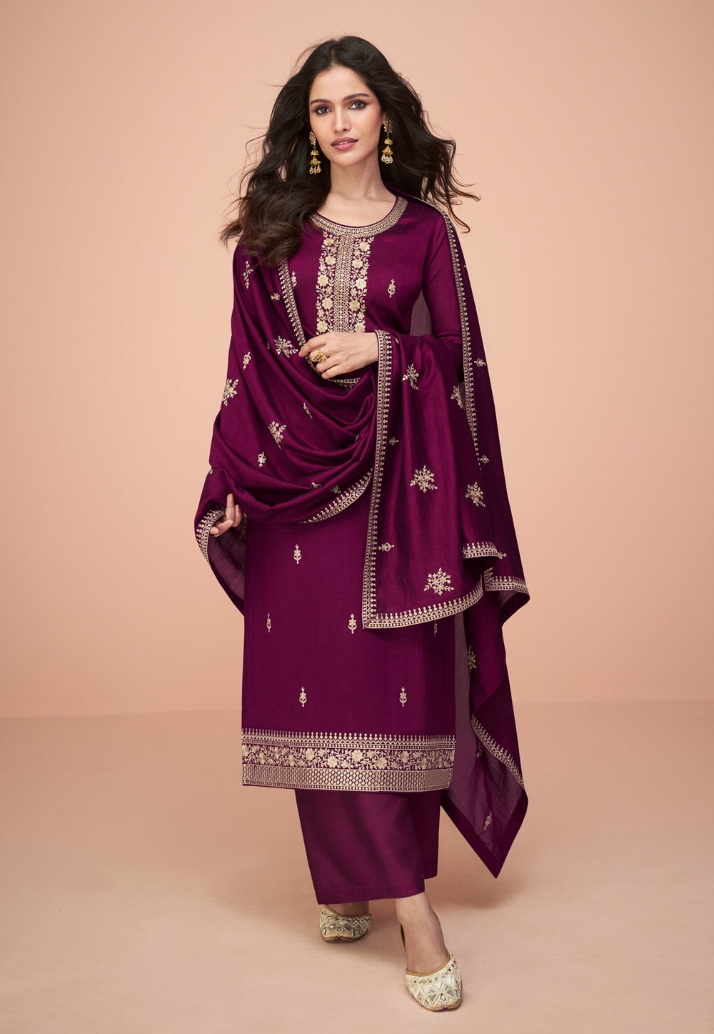 Art Silk Pakistani Embroidered Suit in Purple
