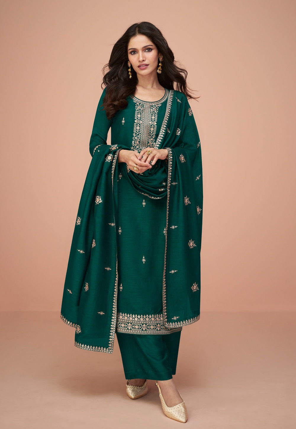 Art Silk Pakistani Embroidered Suit in Green