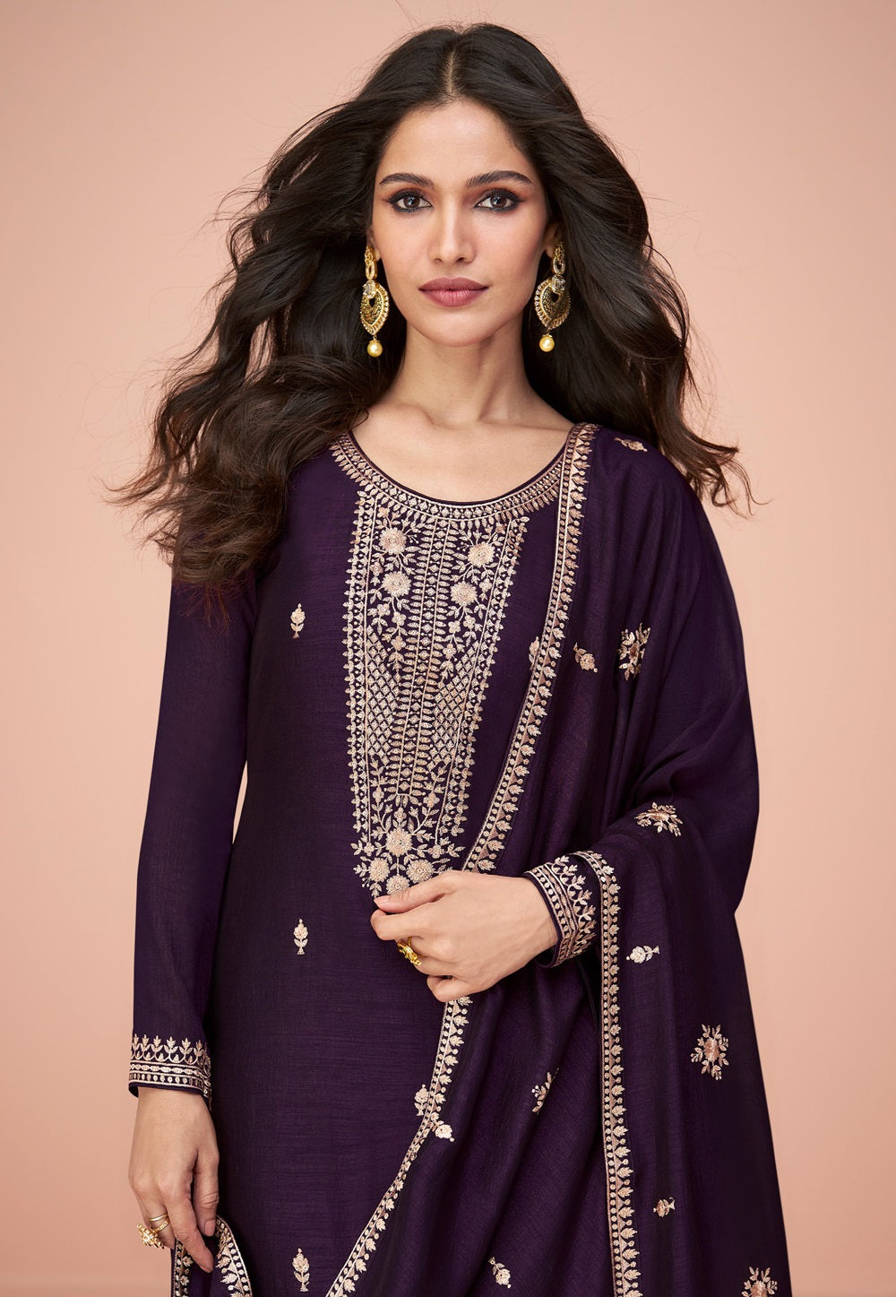 Art Silk Pakistani Embroidered Suit in Dark Purple