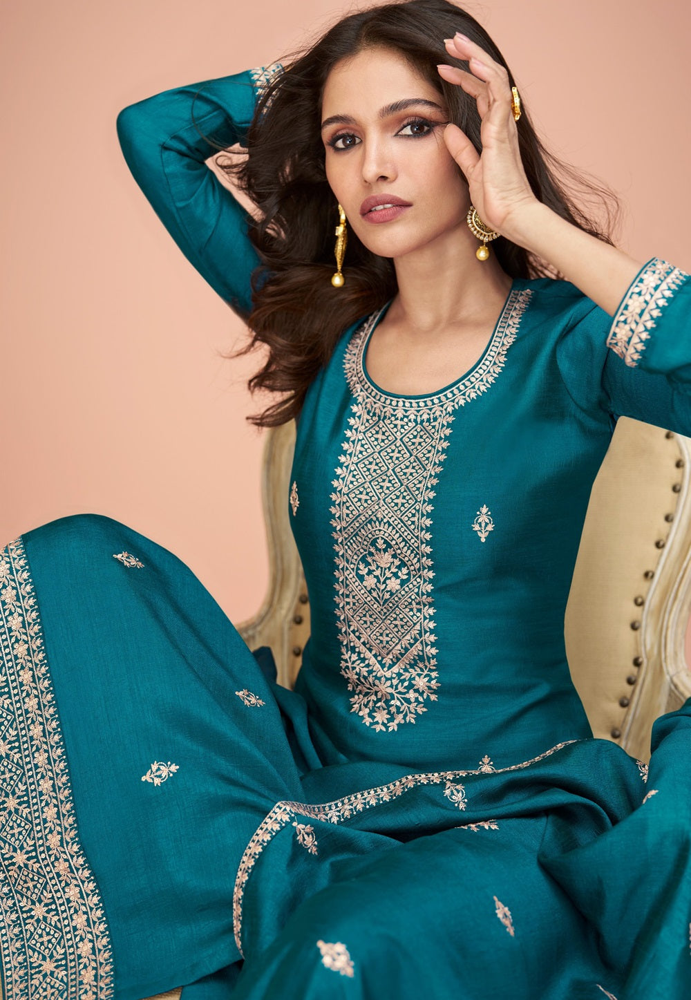 Art Silk Pakistani Embroidered Suit in Teal Blue