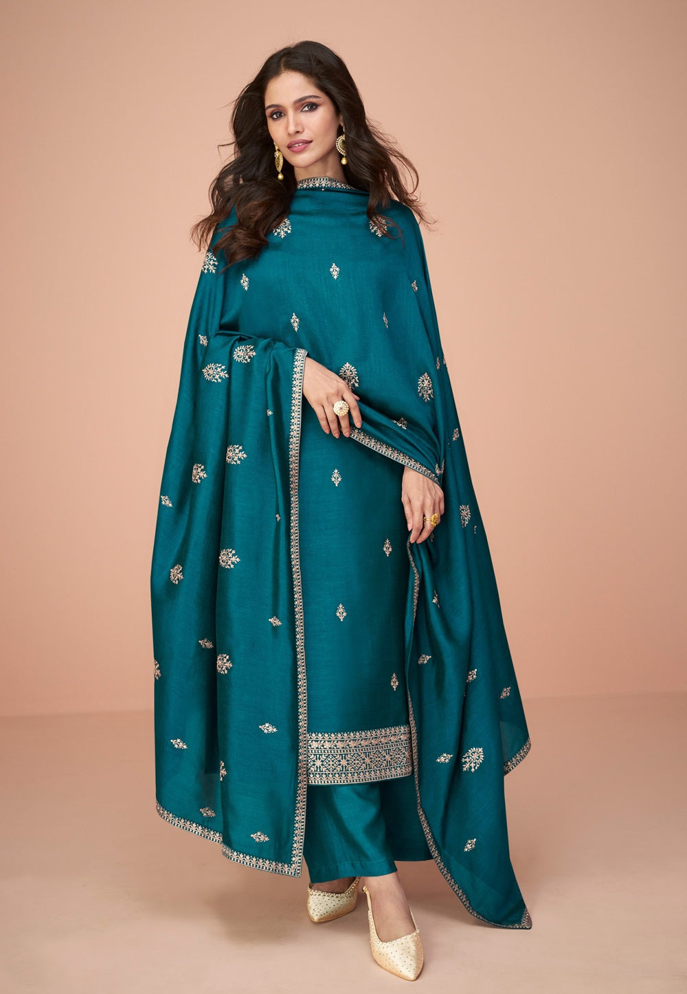 Art Silk Pakistani Embroidered Suit in Teal Blue