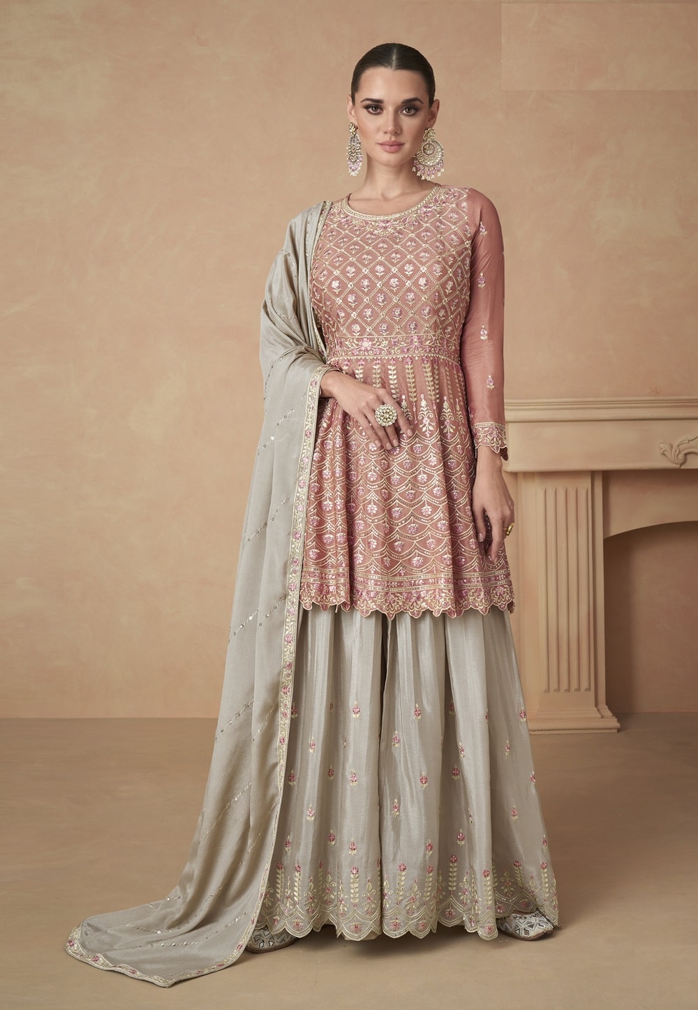Embroidered Chinon Pakistani Suit in Rust and Grey