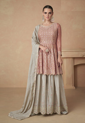 Embroidered Chinon Pakistani Suit in Rust and Grey