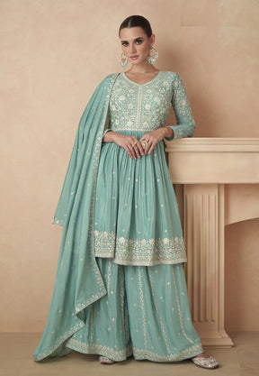 Embroidered Chinon Pakistani Suit in Blue