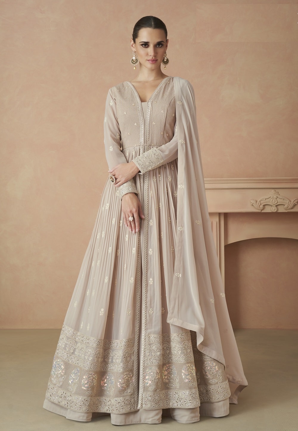 Georgette Abaya Style Embroidered Suit in Beige