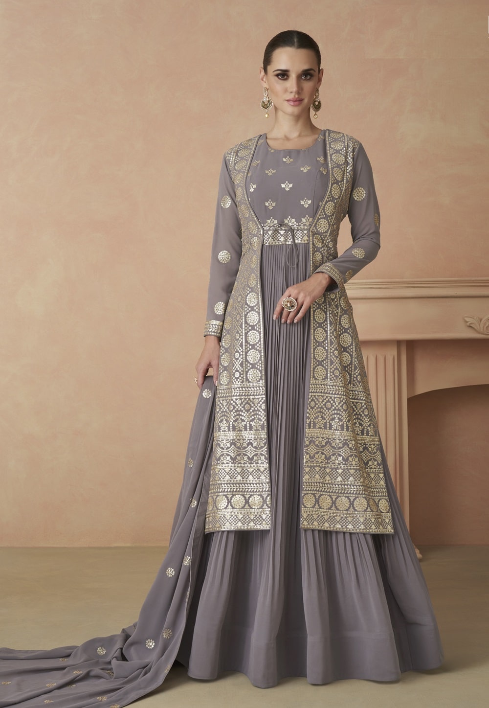 Georgette Abaya Style Embroidered Suit in Grey