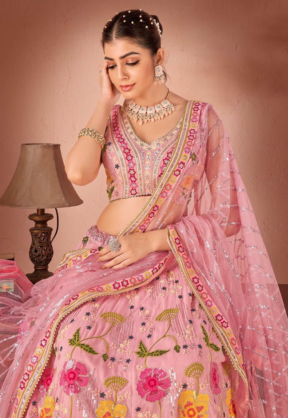Net Embroidered Lehenga in Pink