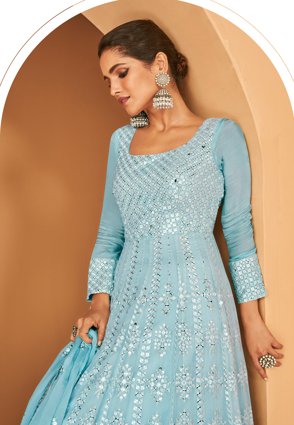 Georgette Abaya Style Embroidered Suit in Blue