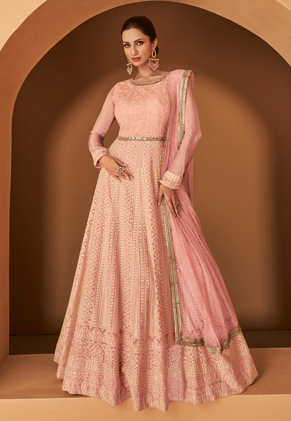 Georgette Embroidered Abaya Style Kameez in Pink