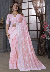 Georgette Embroidered Scalloped Saree in Light Pink