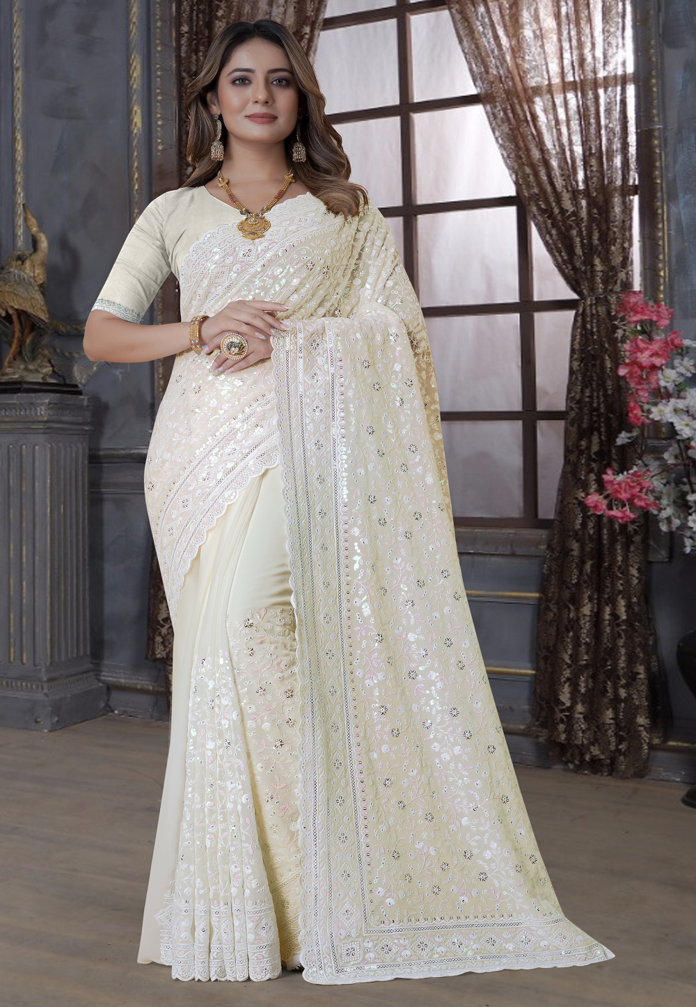Georgette Embroidered Saree in Light Yellow