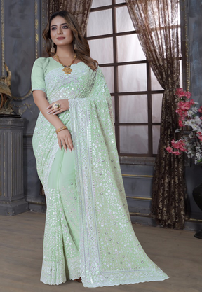 Georgette Embroidered Scalloped Saree in Light Green