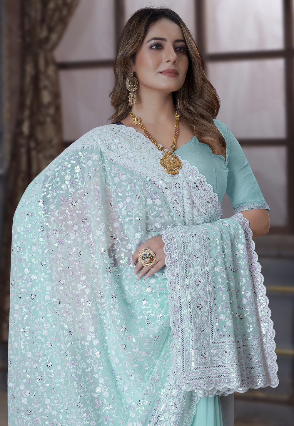 Georgette Embroidered Scalloped Saree in Sky Blue