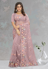 Net Embroidered Saree in Light Purple