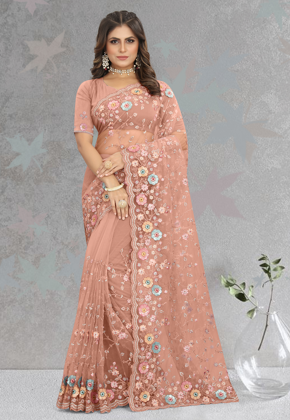 Net Embroidered Saree in Peach