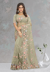 Net Embroidered Saree in Dusty Green