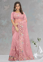Net Embroidered Saree in Pink